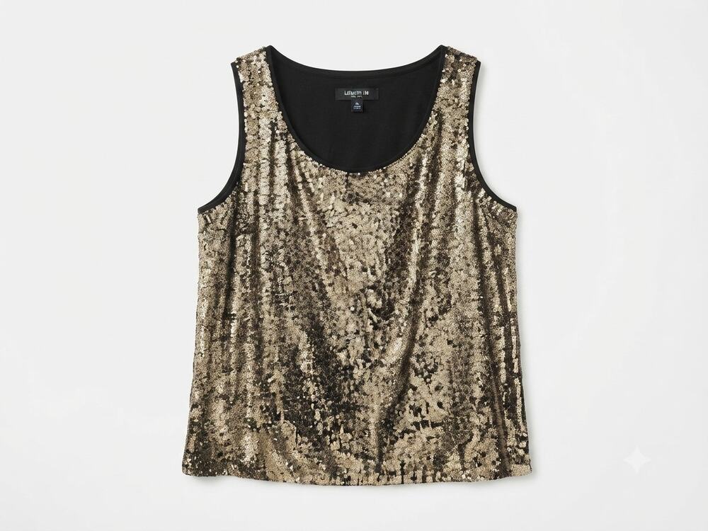 Lafayette 146 10 Gold Black Sequin Tank Top Glam Formal Draped Shimmer